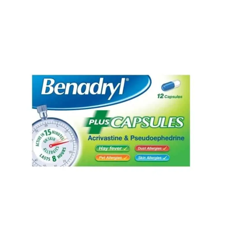 Benadryl Allergy Relief Plus Decongestant – 12 Capsules